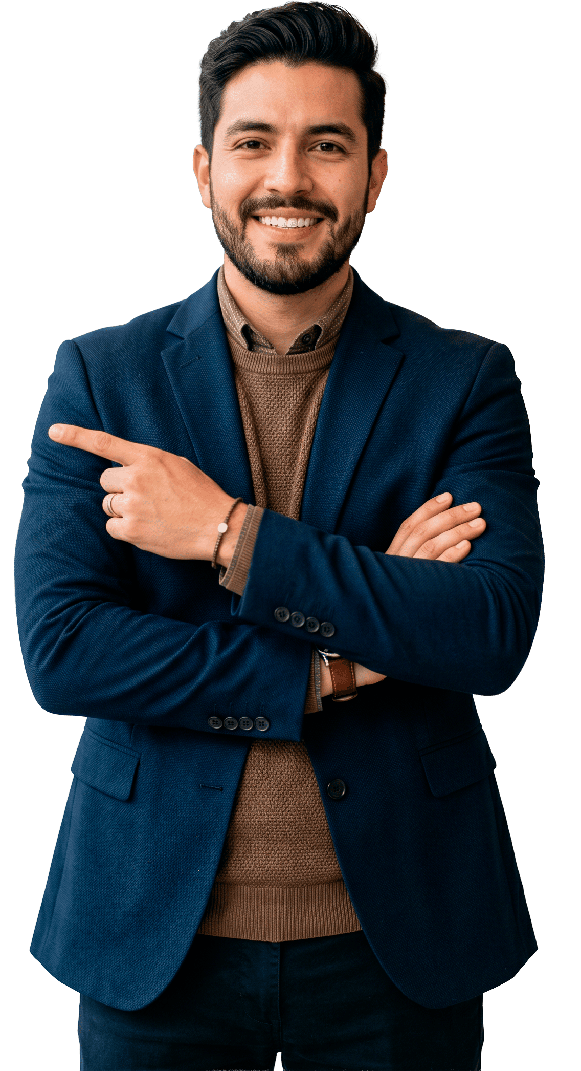contacto-ieduc-asesoria-profesional Asesor académico de IEDUC señalando hacia el formulario de contacto para brindar atención personalizada sobre los programas de educación continua.