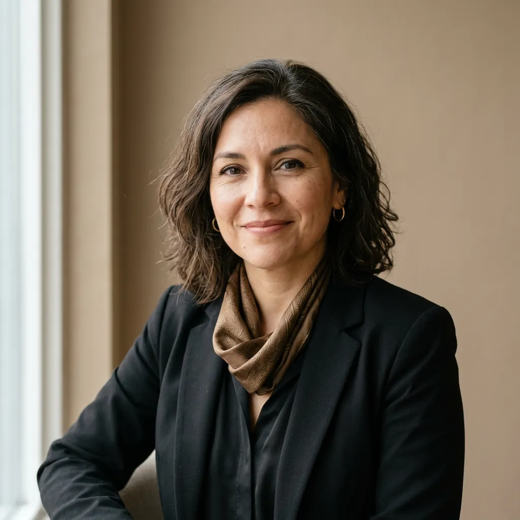 Retrato de la psicóloga clínica Laura Elena Restrepo en su consultorio, sonriendo a la cámara con vestimenta profesional negra y fondo terracota.