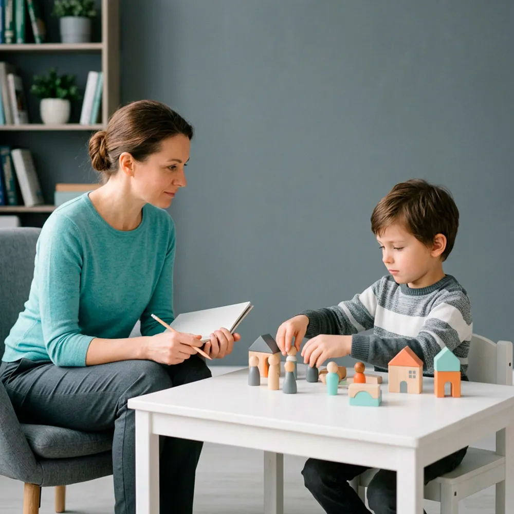 Especialista en psicología clínica aplicando estrategias de terapia de juego durante una intervención infantil.