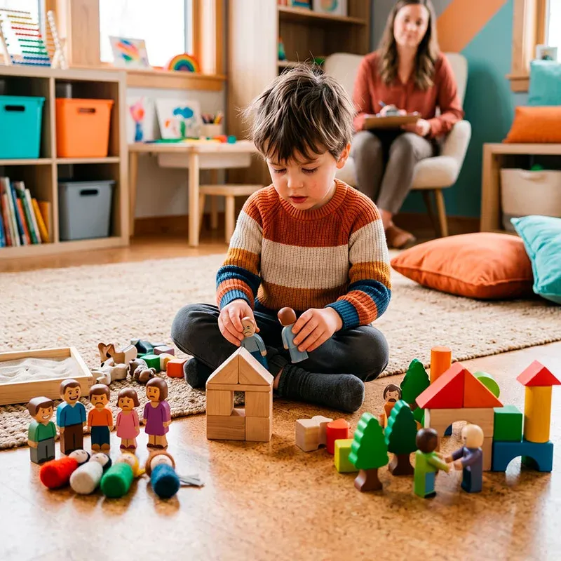 seminario-online-terapia-de-juego-intervencion-infantil-ieduc-convertido-de-webp Niño participando en una sesión clínica interactiva con bloques de madera y figuras, guiada por una especialista en terapia de juego infantil.