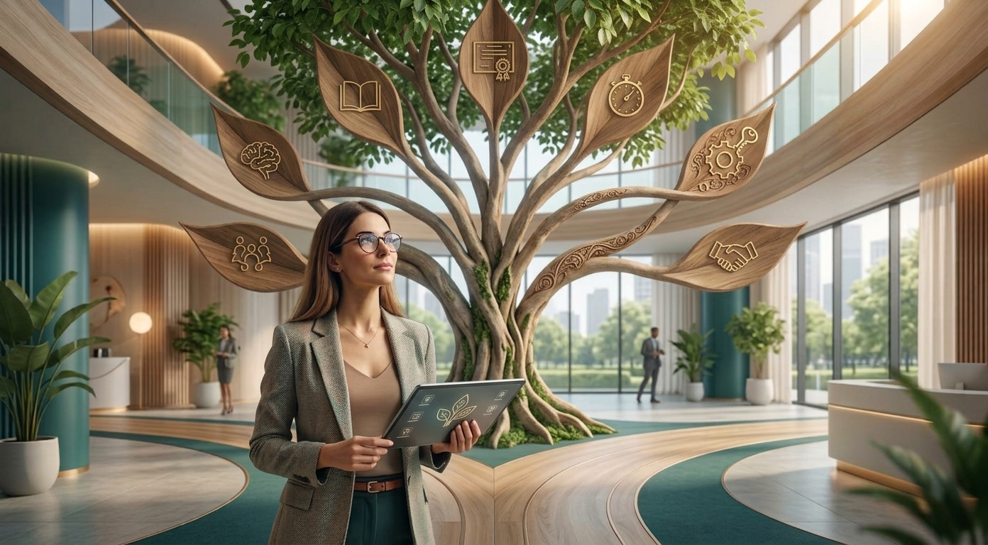 Mujer profesional sosteniendo una tableta frente a un árbol de conocimiento, representando los criterios para elegir un curso de educación continua en psicología.