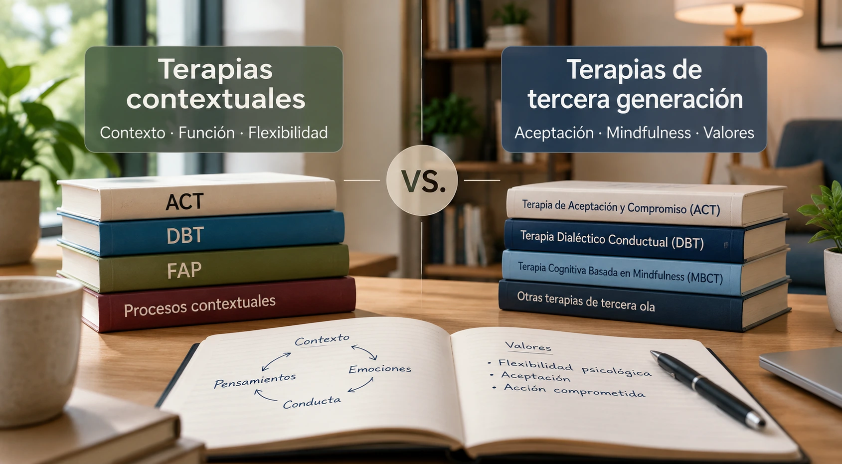 Comparación entre terapias contextuales y terapias de tercera generación, incluyendo ACT, DBT y procesos clínicos relacionados.
